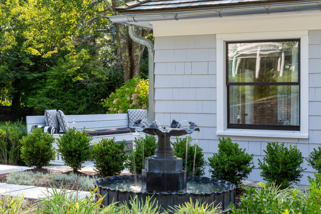 Lead Frog Fountain in garden