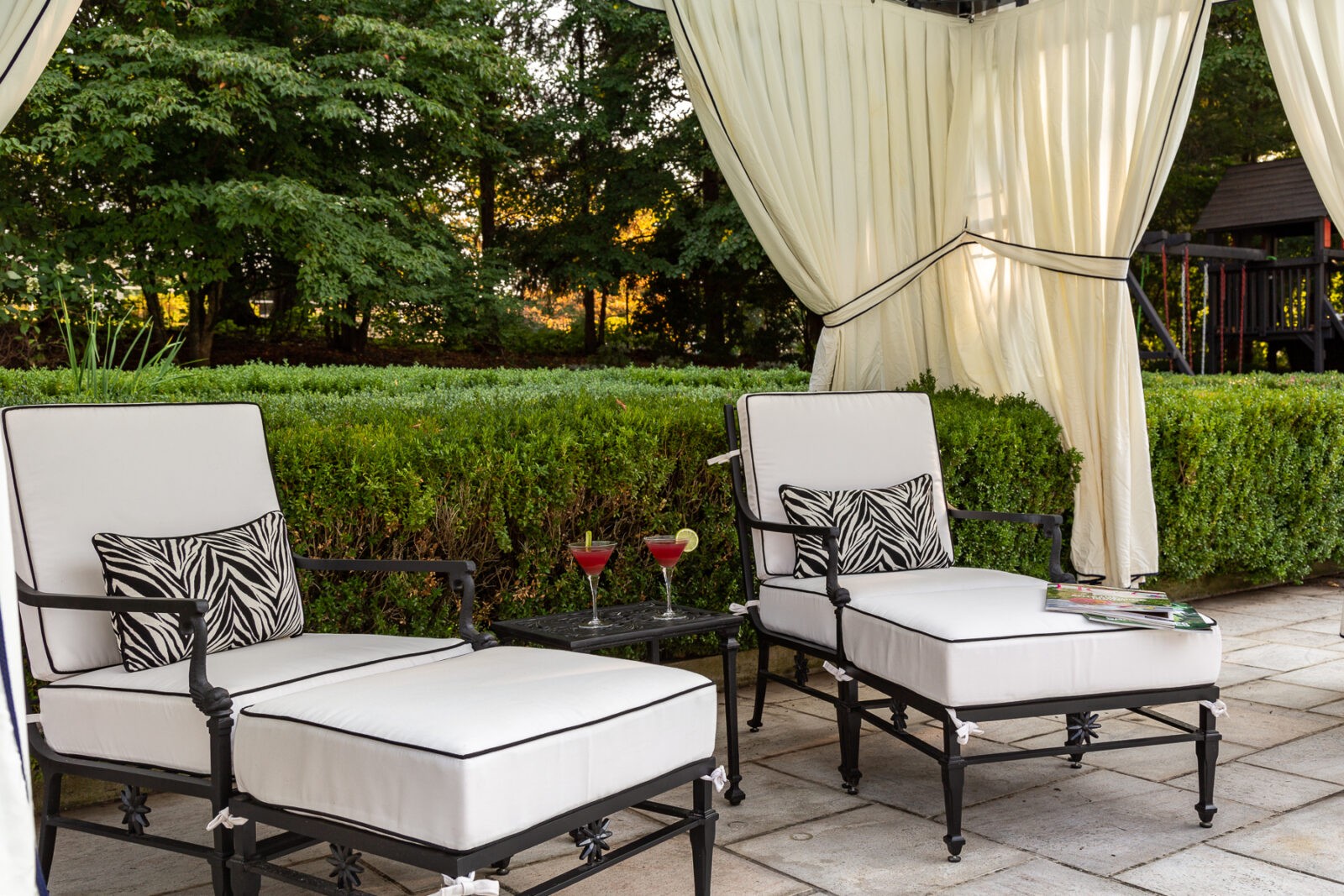 Tented cabana with lounge seating